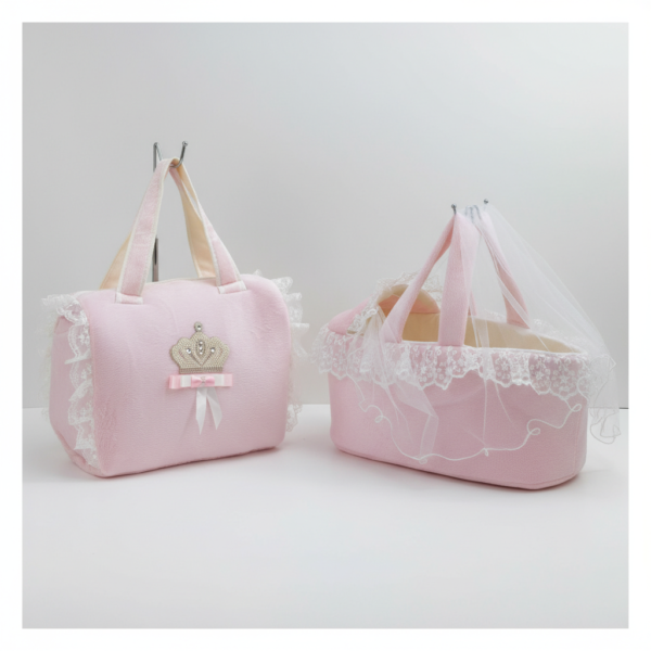 حمالة بيبي مع شنتة دانتيل بلون زهر تاج